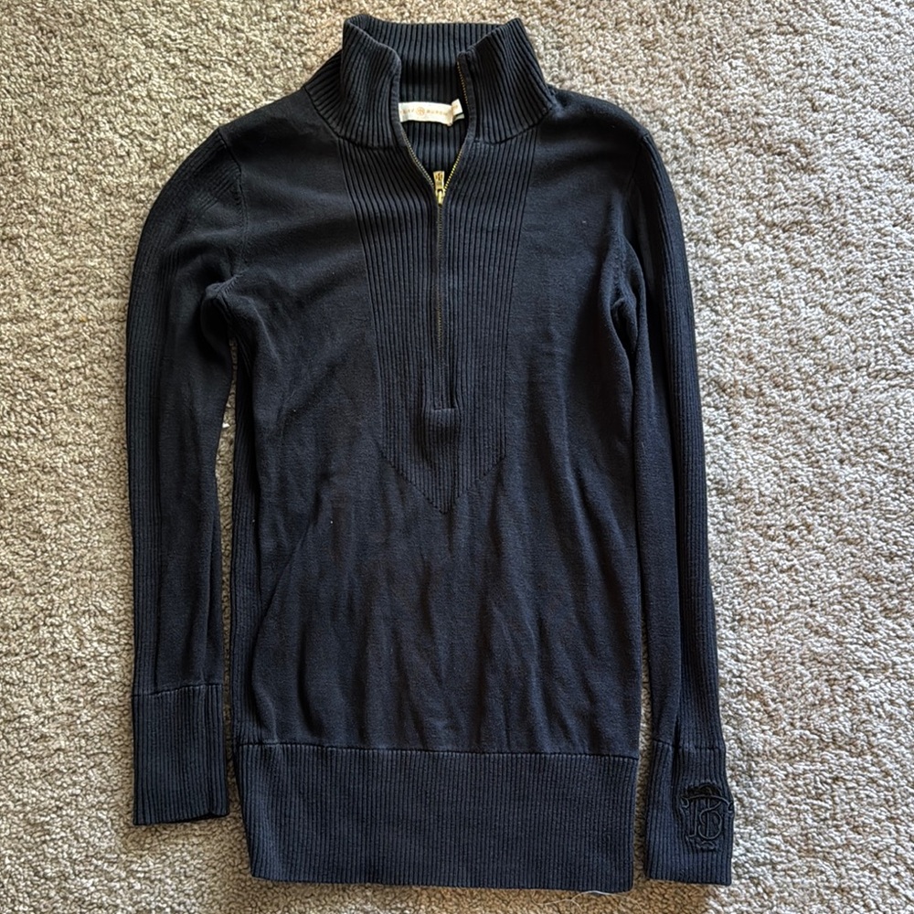 Tory Burch Black Zip Up Sweater with Sleek Knit Design